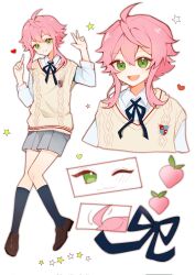 Rule 34 | 1boy, ahoge, androgynous, black bow, bow, collared shirt, ensemble stars!, food, fruit, full body, green eyes, grey background, grey shorts, grey socks, heart, highres, himemiya tori, loafers, looking at viewer, male focus, pink hair, shirt, shoes, short hair, short hair with long locks, shorts, socks, solo, star (symbol), strawberry, sweater vest, white shirt, xzorq, yellow sweater vest
