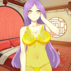 Rule 34 | 1girl, babydoll, bed, bedroom, breasts, challengia, cleavage, collarbone, hand in own hair, large breasts, lingerie, long hair, navel, nchans, nchans style, official art, orcaleon, panties, pillow, purple hair, smile, underwear, venchan, yellow babydoll, yellow eyes, yellow panties