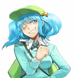 Rule 34 | 1girl, backpack, bag, blue eyes, blue hair, blush, comic, female focus, grin, hair bobbles, hair ornament, hat, inugami akito, kawashiro nitori, key, matching hair/eyes, one eye closed, short hair, smile, solo, thumbs up, touhou, twintails, two side up, upper body, wink