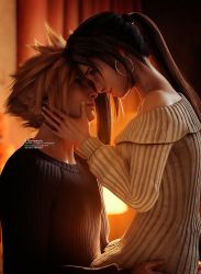 Rule 34 | 1boy, 1girl, 3d, artist name, bare shoulders, black hair, blonde hair, blue eyes, blurry, blurry background, casual, closed mouth, cloud strife, couple, earrings, final fantasy, final fantasy vii, final fantasy vii remake, hands on another&#039;s face, highres, indoors, jewelry, long hair, long sleeves, looking at another, ponytail, red eyes, ria-neearts, spiked hair, square enix, sweater, tifa lockhart