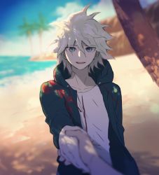 Rule 34 | 1boy, 1other, :d, beach, blue eyes, blurry, blurry background, collarbone, commentary request, danganronpa (series), danganronpa 2: goodbye despair, day, erigushi, green jacket, hair between eyes, holding hands, hood, hood down, hooded jacket, jacket, komaeda nagito, looking at viewer, male focus, open clothes, open mouth, outdoors, palm tree, pov, print shirt, shirt, short hair, smile, solo, teeth, tree, upper body, upper teeth only, white shirt