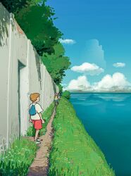 1girl 2boys absurdres alariko blue_sky cloud cloudy_sky day doorway flower grass highres horizon looking_at_another multiple_boys original outdoors path road scenery sky tree water