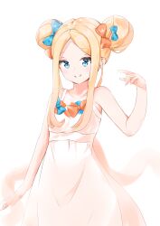 Rule 34 | 1girl, abigail williams (fate), absurdres, bare arms, bare shoulders, blonde hair, blue bow, blue eyes, bow, collarbone, commentary request, double bun, dress, fate/grand order, fate (series), forehead, hair bow, hair bun, hand up, highres, long hair, orange bow, parted bangs, sidelocks, simple background, sleeveless, sleeveless dress, solo, white background, yukaa