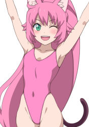 Rule 34 | 10s, 1girl, ;d, animal ears, aqua eyes, arms up, bare shoulders, blush, cat ears, cat tail, collarbone, covered navel, cowboy shot, groin, gundam, gundam build divers, hai (h81908190), highleg, highleg leotard, leotard, looking at viewer, one eye closed, open mouth, pink hair, pink leotard, simple background, smile, solo, tail, teeth, white background, yashiro momoka