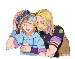 Rule 34 | 2boys, beanie, beard, blonde hair, blue eyes, blue lips, borrowed clothes, cape, closed eyes, commentary, facial hair, gold teeth, green lips, grin, gyro zeppeli, hand on another&#039;s head, hat, holding, holding clothes, holding hat, honlo, hood, hoodie, hug, johnny joestar, jojo no kimyou na bouken, lipstick, long hair, looking at another, makeup, male focus, multiple boys, smile, steel ball run, white background