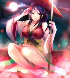 Rule 34 | 1girl, ajirogasa, bad id, bad pixiv id, bare shoulders, blurry, bokeh, breasts, cleavage, collarbone, depth of field, detached sleeves, hat, highres, hizagawa rau, horns, japanese clothes, kimono, large breasts, long sleeves, mask, nail polish, oni, oni horns, oni mask, original, pointy ears, purple hair, red eyes, sash, single horn, sitting, solo, wide sleeves