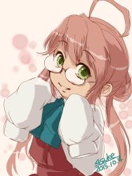 Rule 34 | 10s, 1girl, 2015, 4suke, ahoge, artist name, bow, dated, glasses, green eyes, grin, kantai collection, long hair, long sleeves, looking at viewer, makigumo (kancolle), pink background, pink hair, round eyewear, school uniform, sleeves past wrists, smile, solo, twintails, upper body