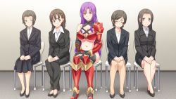 Rule 34 | 5girls, armor, armored boots, atelier sakura, bare shoulders, bikini armor, black gloves, black hair, black legwear, black panties, blazer, blue eyes, boots, breastplate, breasts, brown hair, brown legwear, business suit, buttoned cuffs, buttons, chair, cleavage, cleavage cutout, clenched hands, closed mouth, clothing cutout, collared shirt, cross-laced clothes, crossed legs, elbow gloves, faulds, fingerless gloves, formal, full body, game cg, gloves, greaves, half-closed eyes, half updo, halterneck, hands on lap, height difference, indoors, jacket, large breasts, legs together, light smile, lineup, long hair, long sleeves, looking at another, looking at viewer, medium breasts, multiple girls, nagayori, navel, nervous, odd one out, office lady, onna senshi (to aru onna senshi no shuudan mensetsu), own hands together, pant suit, panties, pants, pantyhose, parted bangs, parted lips, pauldrons, pencil skirt, pleated skirt, purple eyes, purple hair, raised eyebrows, serious, shirt, shoes, short hair, shoulder armor, sidelocks, sitting, skirt, skirt suit, smile, suit, sweatdrop, swept bangs, thighhighs, to aru onna senshi no shuudan mensetsu, underboob, underwear, vambraces, very long hair, wrist wrap, yellow eyes