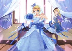 Rule 34 | 3girls, alternate costume, azur lane, bad id, bad pixiv id, bare arms, bare shoulders, beret, black footwear, black hat, black headwear, blonde hair, blue bow, blue capelet, blue coat, blue dress, blue eyes, blue flower, blue ribbon, blue rose, blush, bouquet, bow, bridal veil, brown hair, brown legwear, cannon, capelet, coat, commentary request, day, dress, earrings, flower, gloves, hair between eyes, hair flower, hair ornament, hands up, hat, holding, holding bouquet, hood (azur lane), jewelry, long hair, long sleeves, looking at viewer, multiple girls, mutsuki (azur lane), mutsuki face (azur lane), pantyhose, parted lips, petals, renown (azur lane), ribbon, rose, sagaradai, school hat, see-through, shoes, standing, strapless, strapless dress, sunlight, turret, veil, wedding dress, white gloves, window, yellow hat