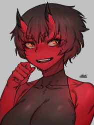 Rule 34 | 1girl, :d, black leotard, brown hair, colored skin, fangs, grey background, hand up, horns, kidouko (zakusi), leotard, looking at viewer, oni, oni horns, open mouth, orange eyes, original, red oni, red skin, short hair, signature, simple background, slit pupils, smile, solo, zakusi