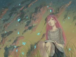 Rule 34 | 1girl, ahoge, bad id, bad pixiv id, book, casual, cloud, dusk, expressionless, field, flower, grass, lap, long hair, looking up, petals, pink eyes, pink hair, sf-a2 miki, shirt, sitting, sky, solo, star (sky), striped clothes, striped shirt, tomaeda (bravered), vertical-striped clothes, vertical-striped shirt, vocaloid