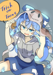 Rule 34 | 1girl, barefoot, blue eyes, blue fire, blue hair, blush, bow, breasts, dialogue box, fire, ghost costume, hair bow, halloween, halloween costume, matsu kitsune, patchwork clothes, simple background, small breasts, solo, touhou, trick or treat, yorigami shion