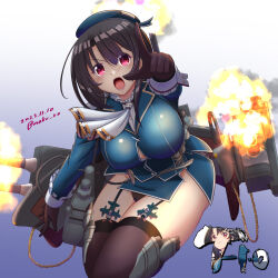 Rule 34 | 1girl, adapted turret, ascot, beret, black gloves, black hair, black panties, black thighhighs, blue background, blue hat, blush, breasts, cannon, dated, explosion, firing, garter straps, gloves, godzilla (series), godzilla minus one, gradient background, hat, highres, index finger raised, kantai collection, large breasts, machinery, military, military uniform, miniskirt, moke ro, muzzle flash, open mouth, panties, red eyes, rigging, short hair, skirt, smokestack, solo, takao (kancolle), thighhighs, turret, twitter username, underwear, uniform, weapon, wide hips