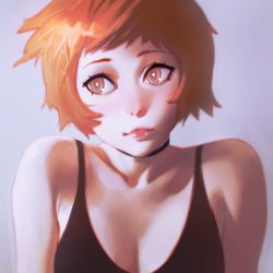 Rule 34 | 1girl, bare shoulders, black choker, breasts, bright pupils, choker, cleavage, closed mouth, grey background, highres, ilya kuvshinov, large breasts, looking away, looking to the side, orange hair, original, pink lips, short hair, simple background, solo, tank top, upper body