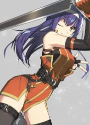 Rule 34 | 1girl, ahoge, armpits, bare shoulders, belt, blue hair, detached sleeves, fingerless gloves, fire emblem, fire emblem: path of radiance, fire emblem heroes, gloves, green eyes, hairband, headband, highres, long hair, looking at viewer, mia (fire emblem), nintendo, one eye closed, purple hair, smile, solo, sword, thighhighs, weapon