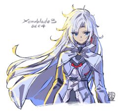 Rule 34 | 1girl, a (xenoblade), armor, blue eyes, cape, closed mouth, collared cape, earrings, expressionless, hair between eyes, hair flowing over, hair intakes, jewelry, long hair, looking at viewer, messy hair, saitou masatsugu, simple background, single earring, solo, upper body, very long hair, xenoblade chronicles (series), xenoblade chronicles 3, xenoblade chronicles 3: future redeemed