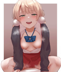 Rule 34 | 1boy, 1girl, :d, blonde hair, blouse, blue bow, blue bowtie, blush, bow, bowtie, breasts, breasts out, cowgirl position, gamarenji, girl on top, green eyes, hair ornament, half-closed eyes, happy sex, heavy breathing, hetero, highres, indie virtual youtuber, jacket, leaning forward, long sleeves, looking at viewer, medium breasts, medium hair, nipples, open clothes, open mouth, open shirt, pom pom (clothes), pom pom hair ornament, pov, red skirt, sex, shigure ui (vtuber), shiny skin, shirt, skirt, smile, solo focus, squatting cowgirl position, steaming body, straddling, striped clothes, striped skirt, teeth, upper teeth only, vertical-striped clothes, vertical-striped skirt, virtual youtuber, white shirt
