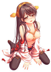 Rule 34 | 10s, 1girl, bare shoulders, black hair, blush, boots, breasts, brown eyes, detached sleeves, hairband, haruna (kancolle), highres, japanese clothes, kantai collection, large breasts, long hair, looking at viewer, miniskirt, nazu-na, nipples, nontraditional miko, open mouth, personification, simple background, sitting, skirt, smile, solo, thigh boots, thighhighs, wariza