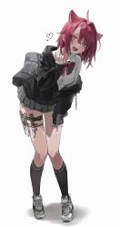 Rule 34 | 1girl, absurdres, animal ears, bag, black jacket, black socks, bow, bowtie, breasts, fang, freng, grey skirt, hair between eyes, heart, highres, holster, jacket, kneehighs, knife, knife sheath, long sleeves, medium breasts, middle finger, open mouth, original, pink eyes, pleated skirt, red bow, red bowtie, red eyes, red hair, school bag, school uniform, shirt, shoes, short hair, simple background, skirt, smile, sneakers, socks, solo, standing, thigh holster, white shirt