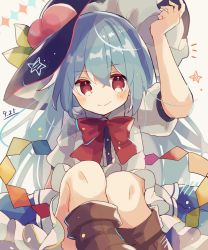 Rule 34 | 1girl, apron, black headwear, blouse, blue hair, blue skirt, bow, brown footwear, buttons, dress shirt, food, frills, fruit, hat, highres, hinanawi tenshi, leaf, long hair, looking at viewer, mina (sio0616), neck ribbon, one-hour drawing challenge, peach, puffy short sleeves, puffy sleeves, rainbow gradient, rainbow order, red bow, red eyes, ribbon, shirt, shoes, short sleeves, skirt, squatting, touhou, white shirt, white shirt, wing collar