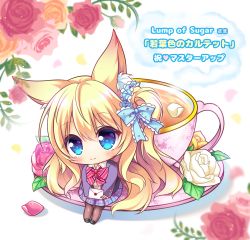 Rule 34 | 1girl, animal ear fluff, animal ears, black footwear, blazer, blonde hair, blue bow, blue eyes, blue scrunchie, blush, bow, brown pantyhose, chibi, closed mouth, collared shirt, commentary request, copyright request, cup, diagonal stripes, dress shirt, envelope, flower, hair between eyes, hair bow, hair bun, hair ornament, hair scrunchie, highres, holding, holding envelope, jacket, loafers, long hair, mini person, minigirl, one side up, open clothes, open jacket, pantyhose, petals, pink bow, pink flower, pink rose, purple jacket, rose, ryuuka sane, saucer, school uniform, scrunchie, shadow, shirt, shoes, side bun, single hair bun, single side bun, sitting, sleeves past wrists, smile, solo, striped, striped bow, tail, teacup, translation request, very long hair, white flower, white rose, white shirt