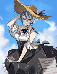 Rule 34 | 1girl, alternate costume, angela (project moon), ascot, black skirt, blue hair, blue sky, brooch, brown eyes, clothing cutout, cloud, cowboy shot, hair between eyes, hand on headwear, hat, high-waist skirt, highres, holding, holding paper, jewelry, library of ruina, looking at viewer, mu46016419, paper, pov, pov hands, project moon, shirt, short hair, short sleeves, shoulder cutout, skirt, skirt tug, sky, smile, solo, sun hat, white shirt