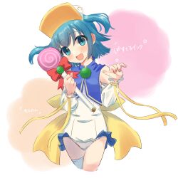 Rule 34 | 1girl, :d, absurdres, back bow, blue eyes, blue hair, blush, bow, candy, character name, copyright name, cowboy shot, detached sleeves, eyes visible through hair, fingernails, food, hands up, head tilt, highres, holding, holding candy, holding food, holding lollipop, holding wand, light blue hair, lollipop, long sleeves, looking at viewer, magical girl, moetan, nijihara ink, omi (omico i), one-piece swimsuit, open mouth, pastel ink, school uniform, short hair, single thighhigh, smile, solo, star (symbol), swimsuit, swirl lollipop, thighhighs, two side up, visor cap, wand, white one-piece swimsuit, white sleeves, white thighhighs, yellow bow