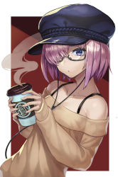 Rule 34 | 1girl, :o, absurdres, alternate costume, bare shoulders, beppu mitsunaka, bespectacled, black-framed eyewear, black hair, black hat, bra strap, cabbie hat, cable, casual, coffee cup, collarbone, commentary request, cup, disposable cup, earphones, fate/grand order, fate (series), glasses, hair over one eye, hat, highres, holding, holding cup, long sleeves, looking at viewer, mash kyrielight, off-shoulder, off-shoulder sweater, off shoulder, open mouth, outside border, purple eyes, semi-rimless eyewear, shoes, short hair, sleeves past wrists, solo, steam, sweater, two-handed, two-tone background, under-rim eyewear, yellow sweater