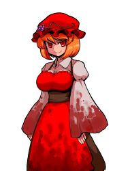 Rule 34 | 1girl, aki minoriko, alternate hair color, bad id, bad pixiv id, blonde hair, blood, breasts, evil smile, female focus, food, fruit, grapes, huge breasts, large breasts, mono (moiky), orange hair, puffy sleeves, red eyes, smile, solo, touhou, transparent background