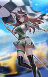 Rule 34 | 1girl, absurdres, alternate costume, animal ears, belt, black footwear, blurry, blurry background, boots, breasts, brown hair, checkered flag, choker, cleavage, clothes lift, clothes writing, commentary, confetti, fingerless gloves, flag, gloves, green belt, green choker, green leotard, highres, holding, holding flag, horse ears, horse girl, horse tail, jacket, large breasts, leotard, looking at viewer, multicolored clothes, multicolored hair, multicolored jacket, multicolored leotard, pink eyes, race queen, skirt, skirt lift, standing, standing on one leg, streaked hair, symbol-only commentary, symboli rudolf (umamusume), tail, thigh boots, thigh strap, ugohato, umamusume, white gloves, white hair, white jacket, white skirt