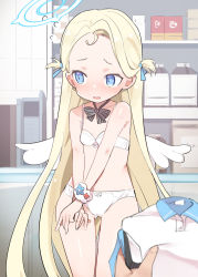 Rule 34 | 1girl, black bow, black bowtie, blonde hair, blue archive, blue eyes, blue ribbon, blush, bow, bowtie, bra, breasts, caburi, clothes around waist, commentary request, forehead, hair ribbon, halo, highres, indoors, long hair, looking to the side, nose blush, panties, parted lips, ribbon, scrunchie, shop, small breasts, solo focus, sora (blue archive), two side up, underwear, underwear only, very long hair, white bra, white panties, white wings, wings, wrist scrunchie