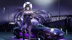 Rule 34 | 1girl, absurdres, alternate costume, animal ear fluff, animal ears, asymmetrical gloves, asymmetrical legwear, azur lane, breasts, car, cleavage, dress, fingerless gloves, fishnet sleeves, fishnets, fox ears, fox girl, fox tail, full moon, gloves, hand on own thigh, highres, incredibly absurdres, kcar66t, long hair, looking at viewer, mazda, mazda rx-7, mazda rx-7 fd, moon, motor vehicle, multiple tails, musashi (azur lane), night, product placement, race queen, real world location, sky, sports car, star (sky), starry sky, tail, tokyo gate bridge