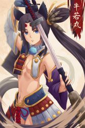 Rule 34 | 1girl, armor, asymmetrical sleeves, black hair, black hat, blue eyes, blue panties, blush, breast curtains, breasts, character name, commentary request, detached sleeves, fate/grand order, fate (series), frown, hat, highres, holding, holding sword, holding weapon, japanese armor, kusazuri, long hair, looking at viewer, medium breasts, mismatched sleeves, navel, panties, parted bangs, pom pom (clothes), revealing clothes, seraphim throne, side ponytail, solo, sword, underwear, ushiwakamaru (fate), very long hair, weapon