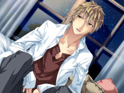 Rule 34 | 1boy, blonde hair, curtains, game cg, glass, hair between eyes, long sleeves, looking away, looking to the side, male focus, miyaji ryunosuke, night, night sky, open clothes, open mouth, open shirt, pants, pillow, shadow, shirt, sitting, sky, solo, star (sky), starry sky, starry sky (game), tree, unbuttoned, white shirt, window, yellow eyes