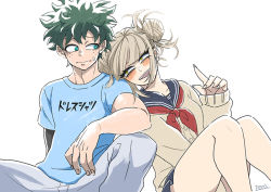 Rule 34 | 1boy, 1girl, :d, blonde hair, blue pants, blue shirt, blush, boku no hero academia, brown jacket, commentary request, double bun, feet out of frame, freckles, green eyes, green hair, grey background, hair bun, hand up, jacket, leaning on person, looking at another, messy hair, midoriya izuku, open mouth, pants, pero (pero56870578), sailor collar, school uniform, shirt, short sleeves, simple background, sitting, skirt, sleeves past wrists, smile, teeth, toga himiko, translated, upper teeth only