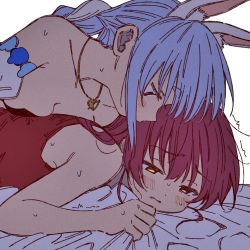 Rule 34 | 2girls, animal ear fluff, animal ears, bare shoulders, bed sheet, black bra, blue hair, blush, bra, braid, breast press, breasts, closed mouth, collarbone, fang, fang out, frown, girl on top, heart, heart necklace, highres, hololive, homura (hmr0222), houshou marine, jewelry, long hair, looking away, lying, motion lines, multicolored hair, multiple girls, necklace, on stomach, purple hair, rabbit ears, red eyes, sheet grab, simple background, single braid, sleeveless, small breasts, sweat, trembling, two-tone hair, underwear, upper body, usada pekora, usada pekora (1st costume), virtual youtuber, white background, white hair, yellow eyes, yuri
