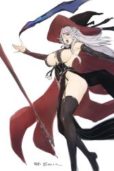 Rule 34 | 10s, 1girl, 2016, :d, armpits, artist name, black dress, black hat, black thighhighs, breasts, cape, dated, detached sleeves, dress, eyebrows, garter straps, granblue fantasy, groin, hair between eyes, hat, highres, large breasts, legs, long hair, long legs, long sleeves, magic, magisa (granblue fantasy), no bra, no panties, open mouth, pelvic curtain, side slit, sideboob, silver hair, simple background, sketch, sleeves past wrists, smile, solo, staff, striped clothes, striped dress, thighhighs, thighs, tooya daisuke, vertical stripes, walking, white background, witch, witch hat