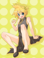 Rule 34 | 1boy, aqua eyes, bell, between thighs, blonde hair, china dress, chinese clothes, crossdressing, domoki kenji, dress, dutch angle, fang, full body, hair bell, hair ornament, jingle bell, kagamine len, male focus, nail polish, open mouth, pointing, reclining, shadow, smile, solo, tattoo, thighs, trap, vocaloid