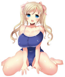 Rule 34 | 1girl, barefoot, blonde hair, blue eyes, blush, breasts, cameltoe, cleavage, collarbone, competition school swimsuit, covered erect nipples, female focus, full body, hair ornament, hair ribbon, huge breasts, long hair, long twintails, looking at viewer, mozuya murasaki, one-piece swimsuit, open mouth, original, ribbon, school swimsuit, shiny clothes, shiny skin, simple background, sitting, smile, solo, swimsuit, twintails, wariza, white background