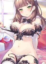 Rule 34 | 1girl, :o, arm support, bare shoulders, black bra, black panties, bow, bowtie, bra, breasts, brown hair, cleavage, detached collar, detached sleeves, elbow gloves, frilled bra, frilled panties, frills, front-tie bra, front-tie top, gloves, green eyes, groin, highres, hot, large breasts, lingerie, long hair, looking at viewer, maid headdress, navel, original, panties, parted lips, ringozaka mariko, side-tie panties, sitting, solo, stomach, strap pull, strap slip, sweat, thighhighs, underwear, underwear only, untied panties, white gloves, white thighhighs