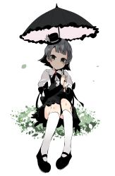 Rule 34 | 10s, 1girl, absurdres, arare (kancolle), black footwear, black hair, black ribbon, brown eyes, dress, female focus, frills, full body, goth fashion, gothic lolita, hat, highres, holding, holding umbrella, kantai collection, kneehighs, lolita fashion, looking at viewer, ooyama imo, puffy sleeves, ribbon, shoes, short hair, sitting, socks, solo, thighhighs, umbrella, white background, white socks