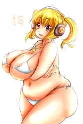 Rule 34 | 1girl, bad id, bad pixiv id, belly, bikini, blonde hair, breast hold, breasts, cleavage, front-tie bikini top, front-tie top, headphones, highres, huge breasts, ichigoneko, jewelry, long hair, looking at viewer, micro bikini, necklace, nitroplus, one-piece swimsuit, orange eyes, plump, side-tie bikini bottom, solo, star (symbol), star necklace, strap gap, super pochaco, swimsuit, thick thighs, thighs, twintails, underboob, v, white bikini, white one-piece swimsuit, wide hips