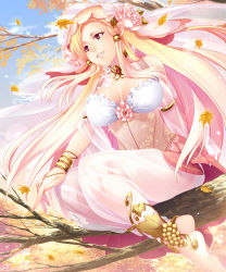 Rule 34 | 1girl, anklet, autumn leaves, barefoot, blonde hair, bracelet, branch, breasts, brigid (celtic), celtic mythology, cleavage, collar, day, flower, hair flower, hair ornament, harem pants, highres, in tree, jewelry, large breasts, long hair, midriff, mikapoe, original, pants, parted lips, pink eyes, see-through, shingoku no valhalla gate, sidelocks, sitting, skirt, sky, smile, solo, tree, veil