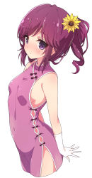 Rule 34 | 1girl, alternate costume, breasts, china dress, chinese clothes, commentary request, dress, female focus, flower, hair flower, hair ornament, highres, looking at viewer, machikado mazoku, mel (melty pot), pink dress, ponytail, purple eyes, purple hair, simple background, small breasts, solo, sunflower, sunflower hair ornament, white background, yoshida ryouko