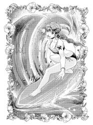 Rule 34 | 1girl, bare shoulders, breasts, bug, butterfly, check commentary, cleavage, commentary request, greyscale, hair ribbon, bug, jewelry, long hair, looking at viewer, monochrome, multi-tied hair, ocean, open mouth, ribbon, saga, saga frontier 2, smile, solo, surfing, swimsuit, tattoo, tokinohiyoko, virginia knights