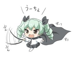 Rule 34 | 10s, 1girl, anchovy (girls und panzer), brown eyes, cape, chibi, commentary request, drill hair, gale kawaii, girls und panzer, green hair, hair ribbon, long hair, necktie, open mouth, ribbon, skirt, smile, solo, stick, translation request, twin drills, twintails, uniform