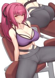 Rule 34 | 1girl, alternate costume, ass, bare shoulders, black ribbon, breasts, cleavage, collarbone, evan yang, exercising, fate/grand order, fate (series), gym, hair intakes, high ponytail, highres, large breasts, looking at viewer, midriff, muscular, muscular female, pants, ponytail, purple hair, red eyes, ribbon, scathach (fate), skin tight, sports bra, spread legs, tank top, yoga pants