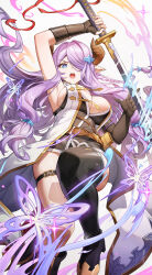 Rule 34 | 1girl, absurdres, asymmetrical gloves, bare shoulders, blue eyes, braid, breasts, bug, butterfly, cleavage, draph, gloves, granblue fantasy, hair ornament, hair over one eye, highres, horns, insect, katana, large breasts, long hair, looking at viewer, narmaya (granblue fantasy), open mouth, pointy ears, purple hair, shenqi xiao hong zai nali, single thighhigh, solo, sword, thigh strap, thighhighs, thighs, weapon