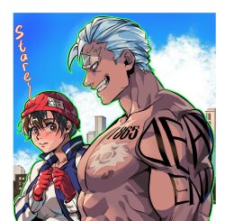 Rule 34 | 1boy, 1girl, abs, absurdres, andy (undead unluck), arm tattoo, black hair, blue jacket, breasts, brown eyes, closed mouth, cloud, day, english text, from side, girl staring at guy&#039;s chest (meme), gloves, grey hair, hat, highres, ichisan, izumo fuuko, jacket, large pectorals, looking at another, looking at pectorals, medium breasts, meme, multicolored clothes, multicolored jacket, muscular, muscular male, nipples, open clothes, open jacket, outdoors, pectoral focus, pectorals, red gloves, scar, scar on chest, scar on face, scar on forehead, shirt, short hair, sky, smile, tattoo, teeth, two-tone jacket, undead unluck, white shirt