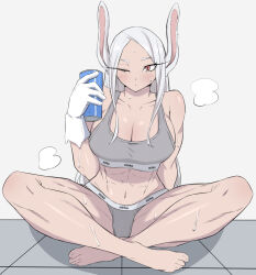 1girl ;/ abs animal_ears bare_shoulders barefoot blush boku_no_hero_academia breasts can character_name cleavage crossed_ankles dark-skinned_female dark_skin drink_can feet gloves grey_panties grey_sports_bra highres holding holding_can indian_style large_breasts long_eyelashes long_hair looking_at_viewer midriff mirko navel on_floor one_eye_closed panties parted_bangs rabbit_ears rabbit_girl red_eyes sitting solo sports_bra steam sweat thick_thighs thighs tile_floor tiles toes toned_female underwear underwear_writing user_fdep7323 very_long_hair white_gloves white_hair